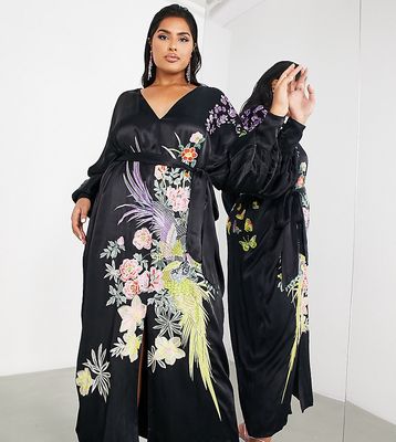 ASOS EDITION Curve v neck statement floral and phoenix dress with tie in black
