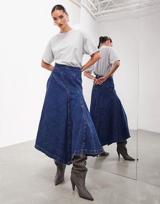 ASOS EDITION denim a line maxi skirt with seam detail in mid blue