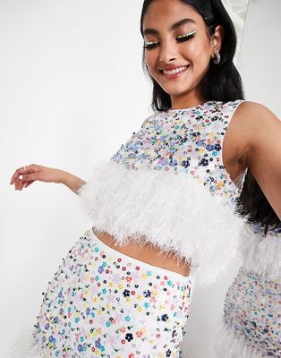 ASOS EDITION ditsy floral sequin crop top with feather hem-White