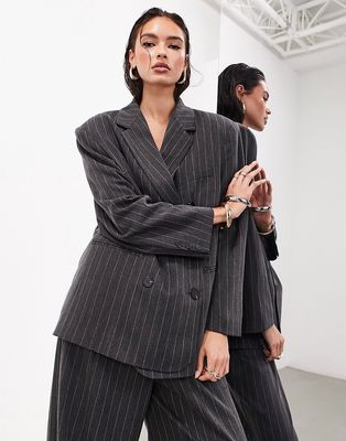 ASOS EDITION double breasted mansy blazer in charcoal pinstripe-Black
