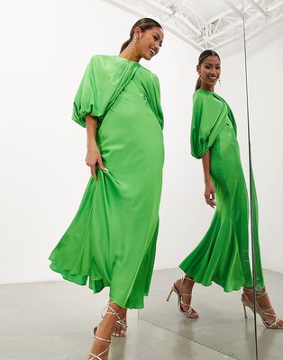 ASOS EDITION drape blouson sleeve satin midi dress in green