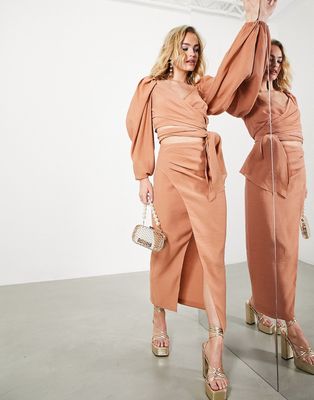 ASOS EDITION drape front midi skirt in in caramel-Copper