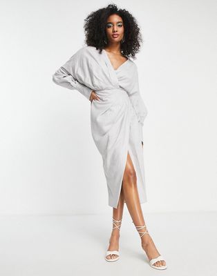 ASOS EDITION drape midi dress with wrap bodice and skirt in pebble gray