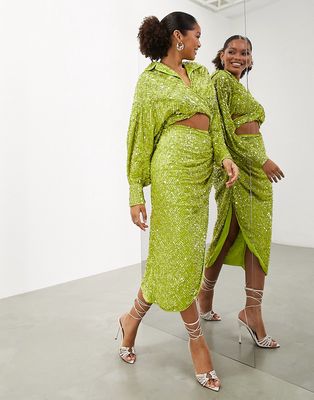 ASOS EDITION drape side sequin midi skirt in lime green