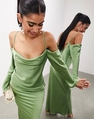 ASOS EDITION drapey long sleeve cold shoulder top in green