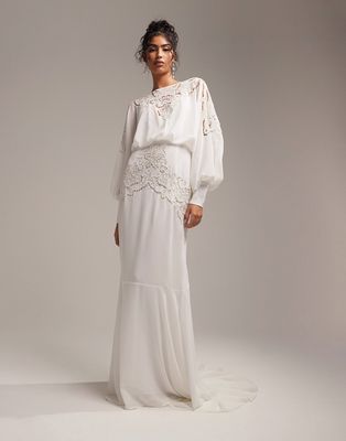 ASOS EDITION Ella blouson sleeve beaded cutwork wedding dress in cream-White