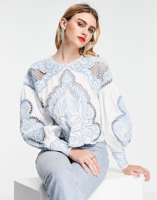 ASOS EDITION embroidered cotton top with puff sleeve in blue