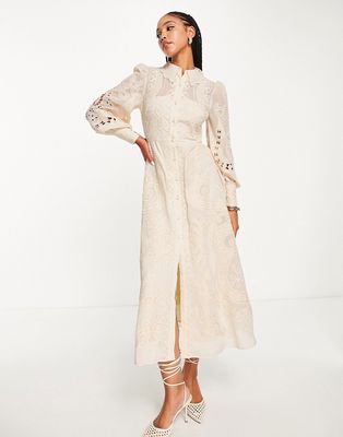 ASOS EDITION embroidered midi shirt dress in cream-White