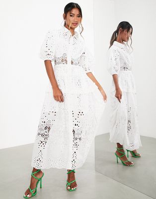 ASOS EDITION eyelet midi shirt dress with puff sleeve in white