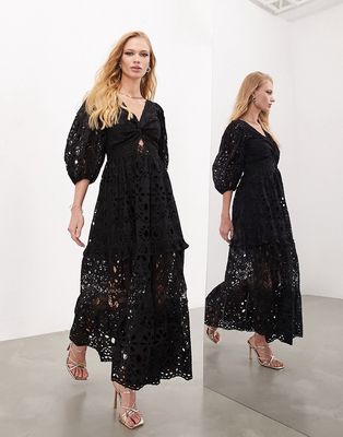 ASOS EDITION eyelet twist front midi dress with puff sleeve in black