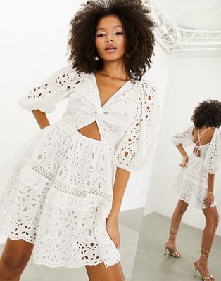 ASOS EDITION eyelet twist front mini dress with puff sleeve in white