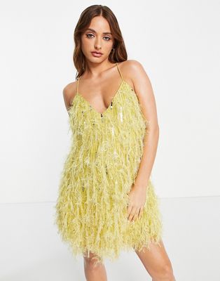 ASOS EDITION faux feather & sequin mini dress with low back in lemon-Yellow