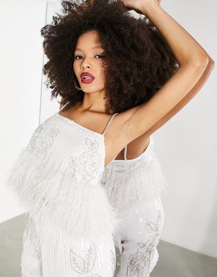 ASOS EDITION floral embellished cami top with faux feather hem in ivory-White