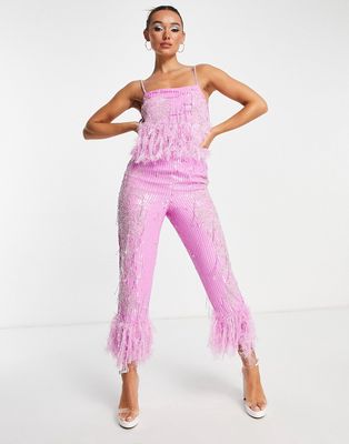 ASOS EDITION floral embellished pants feather hem with in pink