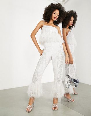 ASOS EDITION floral embellished pants with faux feather hem in ivory-White
