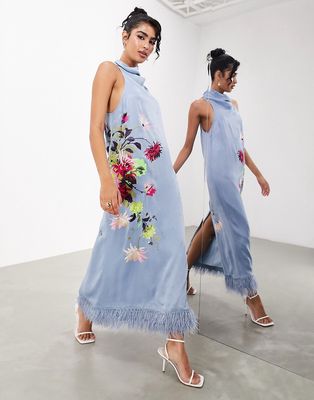 ASOS EDITION Floral embroidered draped halter midaxi dress with faux feather hem-Blue
