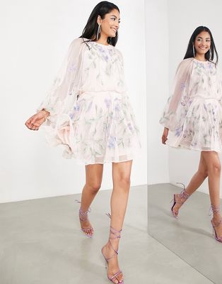 ASOS EDITION floral embroidered mesh mini dress with blouson sleeve in pale pink-Multi