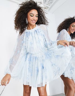 ASOS EDITION floral embroidered mesh mini dress with blouson sleeves in pale blue-Multi