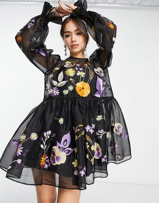 ASOS EDITION floral embroidered mini smock dress in black