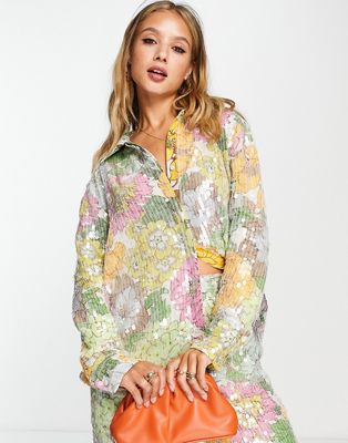 ASOS EDITION floral print oversized shirt in sequin-Multi
