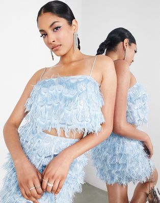 ASOS EDITION fringe jacquard cami crop top in ice blue - part of a set