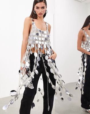 ASOS EDITION futurist sequin crop top with long 3D fringe hem in silver