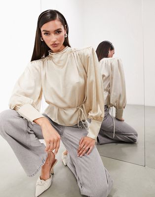 ASOS EDITION hammered satin bold shoulder cropped blouse with tie in ivory-White