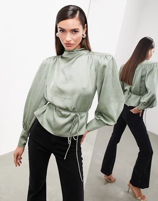 ASOS EDITION hammered satin bold shoulder cropped blouse with tie in sage green-Black