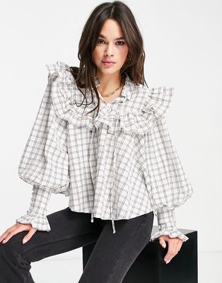 ASOS EDITION high neck ruffle yoke blouse in check print-Multi