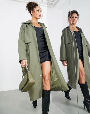 ASOS EDITION hooded trench coat in khaki-Green