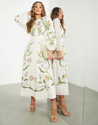 ASOS EDITION large scale floral and leaf embroidered midi dress in cream-White