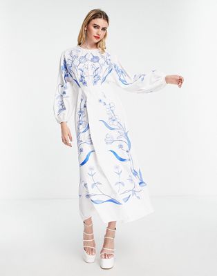 ASOS EDITION large scale floral and leaf embroidered midi dress in white and blue-Multi
