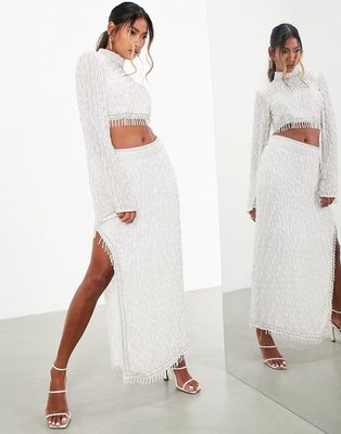 ASOS EDITION linear pearl embellished midi skirt in white