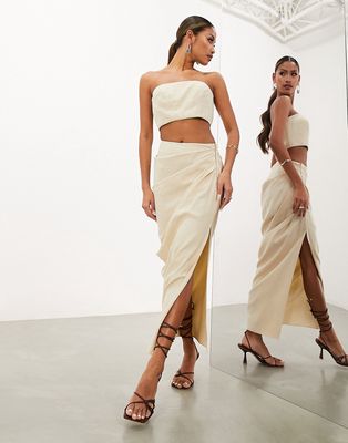 ASOS EDITION linen wrap midi skirt in stone-Neutral