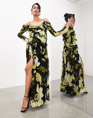 ASOS EDITION long sleeve bias cut maxi dress with raw edge frills in black floral-Multi
