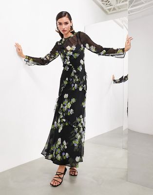 ASOS EDITION long sleeve chiffon maxi dress with frills in black floral