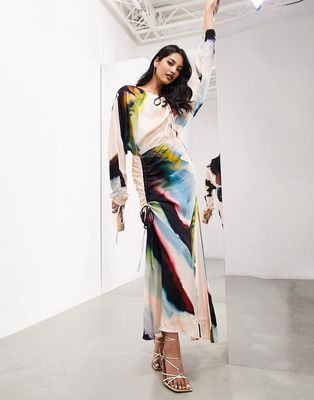 ASOS EDITION long sleeve ruched maxi dress in watercolor smudge print-Multi