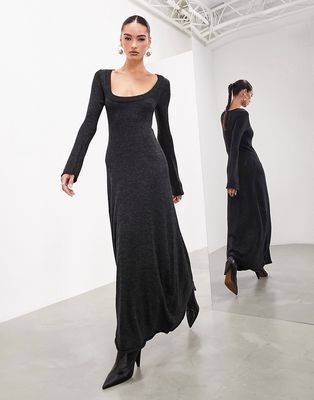 ASOS EDITION long sleeve scoop neck knitted maxi dress in charcoal-Gray