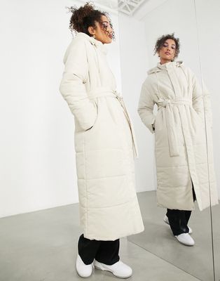 ASOS EDITION longline belted puffer jacket in mushroom-Neutral