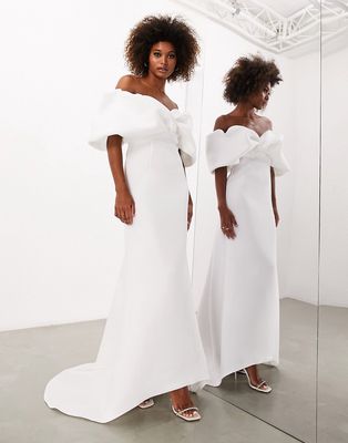 ASOS Edition Maeve sculpted off shoulder wedding dress in ivory-White