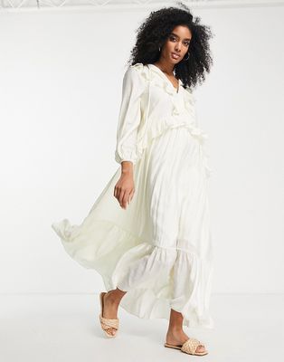 ASOS EDITION maxi dress with v neck and ruffles in cream-White
