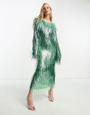 ASOS EDITION metallic fringe midi skirt in green - part of a set