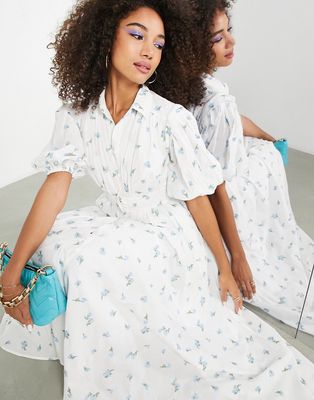 ASOS EDITION midi shirt dress with embroidered ditsy floral-White
