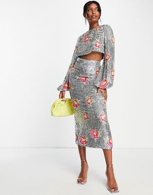 ASOS EDITION midi skirt in floral sequin-Silver
