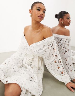 ASOS EDITION off-shoulder broderie wrap belted midi dress in white
