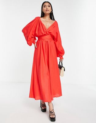 ASOS EDITION off-shoulder linen wrap belted midi dress in red