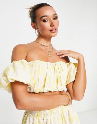 ASOS EDITION off shoulder puff crop top in yellow floral jacquard