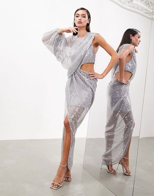 ASOS EDITION one sleeve cut out detail mini dress in silver sequin