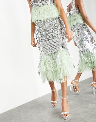 ASOS EDITION paillette sequin midi skirt with faux-feather hem in silver and green