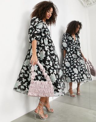 ASOS EDITION pleat bust with puff sleeve midi dress in floral jacquard in black